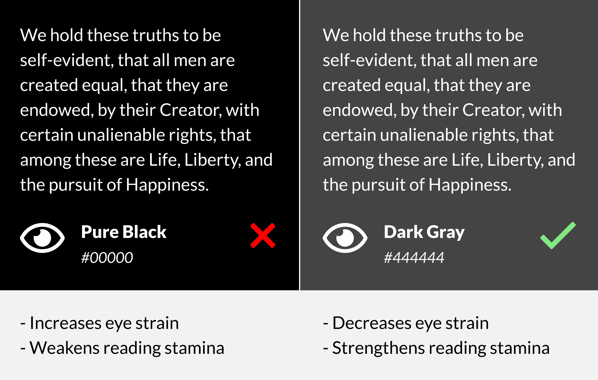 Pure white text on black backgrounds